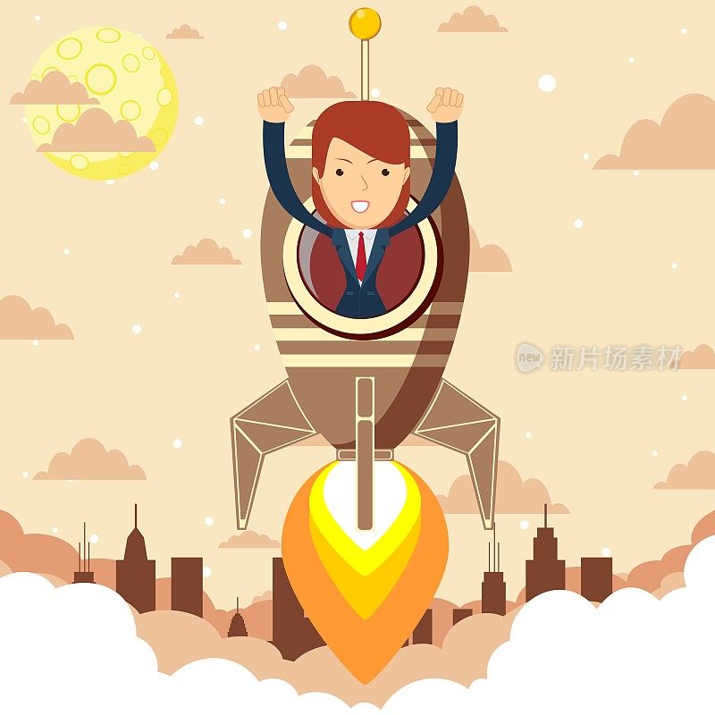 Happy businesswoman in a rocket ship launching to sky. Start up business concept. Stock flat vector illustration